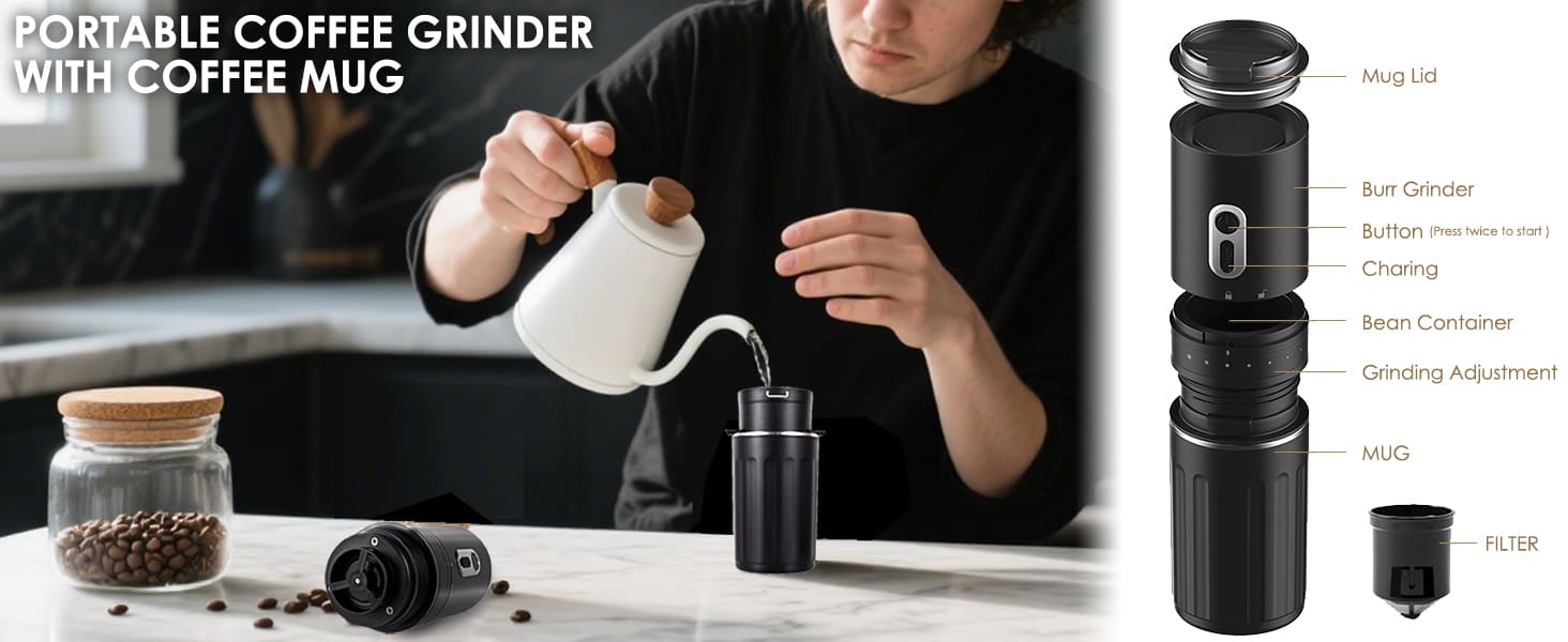 7‑Grind Portable Coffee Grinder with Mug – All-in-One Travel Brew System